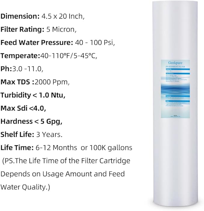 Geekpure Whole House PP Sediment and Carbon Block Replacement Filters -4.5 Inch x 20 Inch -5 Micron