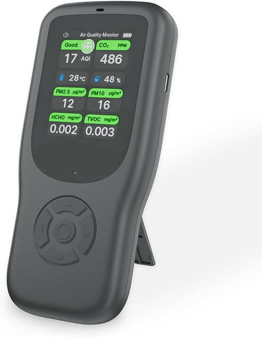 11-in-1 Air Quality Monitor - Portable Indoor Air Quality Detector with Stand, Real-Time Test for AQI, CO2, PM2.5, PM1.0, PM10, TVOC, HCHO, Particles, Temperature & Humidity with Aler (Black-Black)