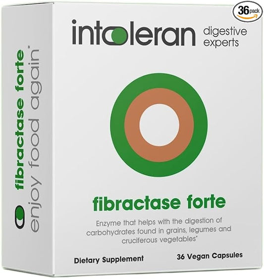 Fibractase Forte Digestive Enzymes - 36 Capsules | Supplement for Fructans & Galactans Intolerance | Helps Digest Carbohydrates; Grains, Legumes, Onion, Garlic & wheats | Pure and Vegan