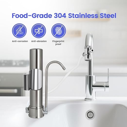 Amwater Countertop Water Filtration System, 5-Stage Reduces,Ceramic Water Filter Reduction of Sediment,Chlorine,Heavy Metal Bad Taste/Odors,Stainless Steel Faucet Water Filtration for 8000 Gallons