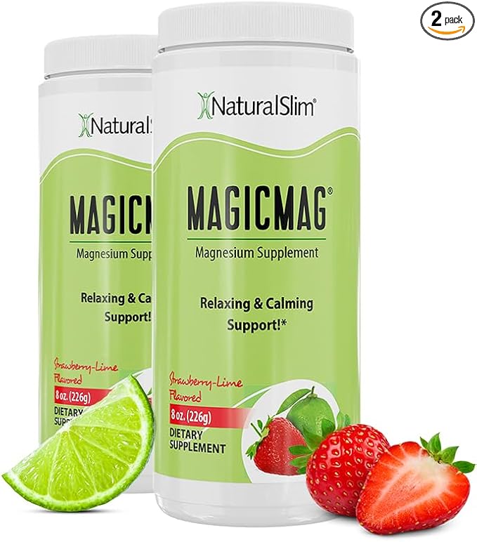 NaturalSlim Magicmag Pure Magnesium Citrate Powder – Stress, Constipation, Muscle, and Heart Support | Natural Strawberry & Lime Flavored Magnesium Supplement - 8oz Drink Mix (2 Pack)