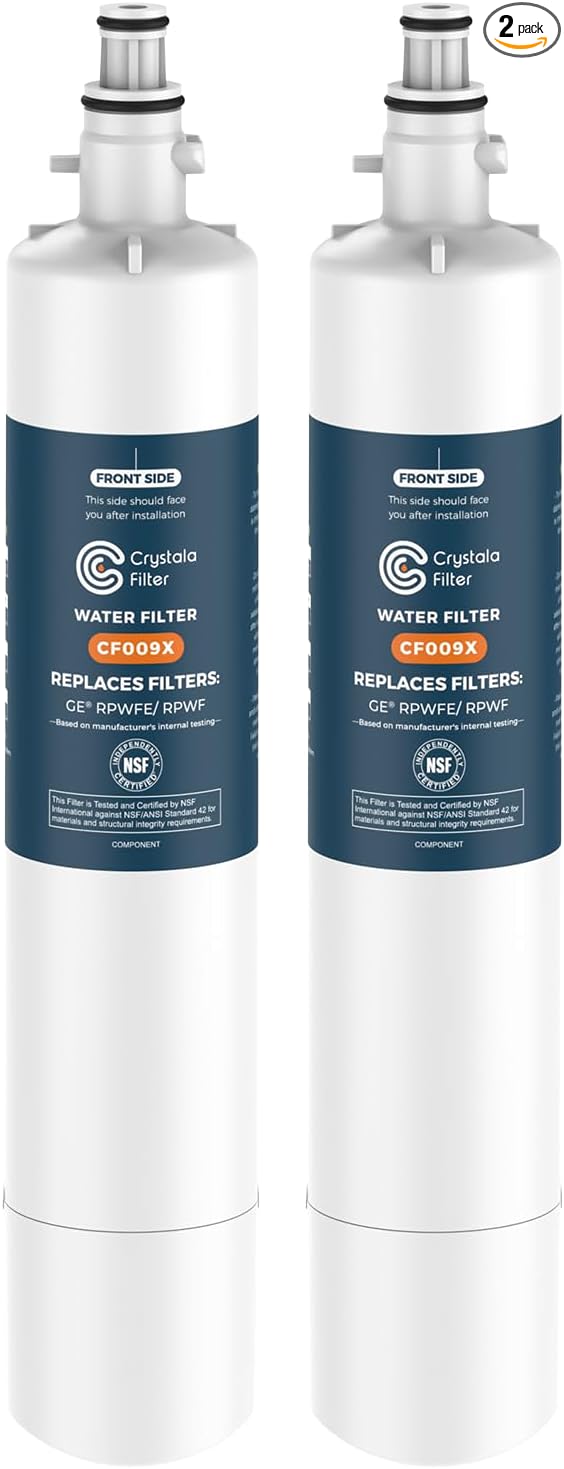Crystala Filters Replacement for GE® RPWFE, RPWF (with CHIP) Refrigerator Water Filter, Compatible with WSG-4, WF277, GFE28GMKES, PFE28KBLTS, GYE22HMKES, DFE28JSKSS, GFE28GYNFS, GFD28GYNFS, 2 Pack