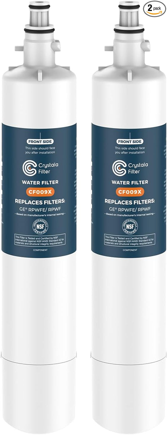 Crystala Filters Replacement for GE® RPWFE, RPWF (with CHIP) Refrigerator Water Filter, Compatible with WSG-4, WF277, GFE28GMKES, PFE28KBLTS, GYE22HMKES, DFE28JSKSS, GFE28GYNFS, GFD28GYNFS, 2 Pack