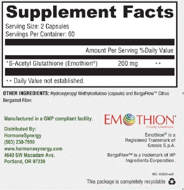 RetzlerRx S-Acetyl Glutathione Supplement 100 mg. per Capsule, Made in USA - 120 Acid-Resistant Capsules - Antioxidant Support - Non-GMO, Soy & Gluten-Free / Bergaflow®, Pharmaceutical Grade