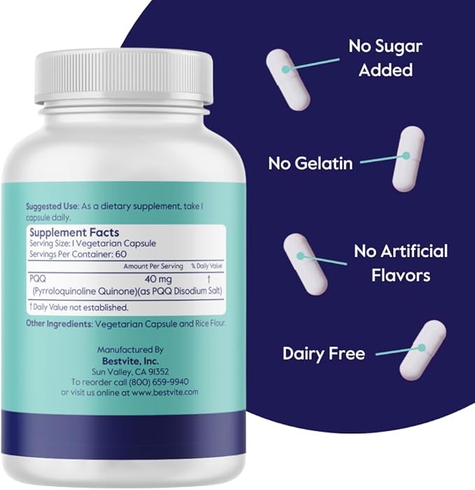 BESTVITE PQQ 40mg (Pyrroloquinoline Quinone) (60 Vegetarian Capsules) - No Stearates - Vegan - Non GMO - Gluten Free