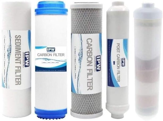 IPW Industries Inc Alkaline Water Filter Kit - Compatible Ameritek Alkaline RO System - 5 Piece Set - Removes Sediment, Dirt, Rust, Chlorine, Taste, Odor - Alkalizes Water - NSF Certified