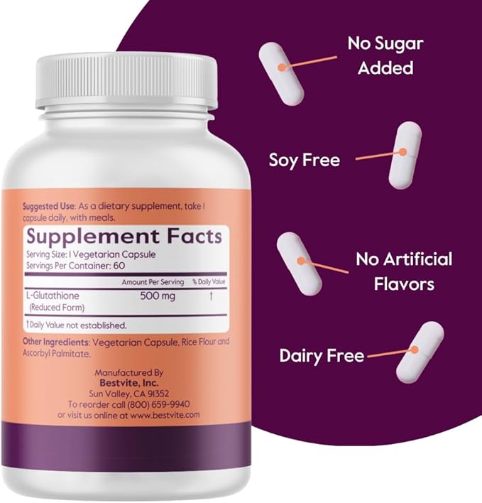 BESTVITE L-Glutathione 500mg (60 Vegetarian Capsules) - No Stearates - Vegan - Non GMO - Gluten Free