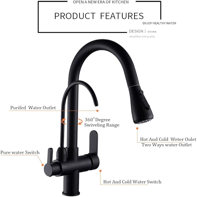 WANFAN Kitchen Sink Faucet with Pull Down Sprayer 2 Handle 3 in 1 Water Filter Purifier Faucets Black 0195R