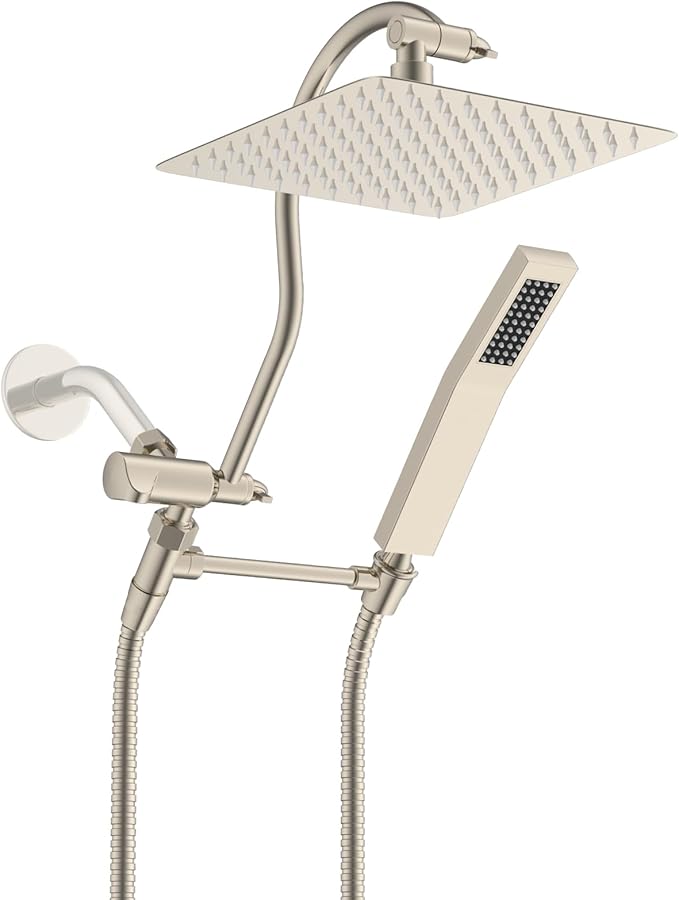 Hibbent All Metal Shower Head, 8'' High Pressure Rainfall Shower Head, Showerhead Combo, Handheld Shower Wand, 12'' Adjustable Curved Extension Arm, 71'' Hose, Shower Head Holder, Brushed Nickel