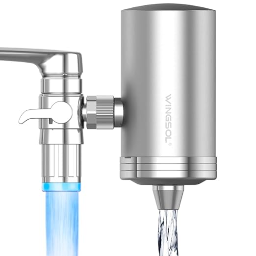 WINGSOL Stainless Steel Water Filter for Sink Faucet, Temp. Sensor LED Light, NSF/ANSI 42&53, 360° Rotating Tap Purifier Reduce PFAS, Lead, Chlorine & Microplastics, 350 Gallons Long-Lasting