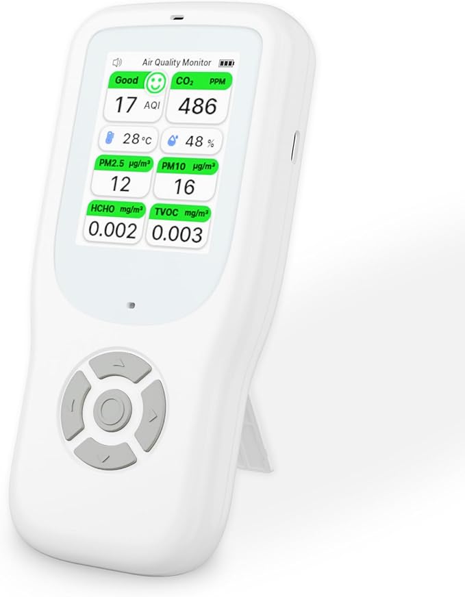 11-in-1 Air Quality Monitor - Portable Indoor Air Quality Detector with Stand, Real-Time Test for AQI, CO2, PM2.5, PM1.0, PM10, TVOC, HCHO, Particles, Temperature & Humidity with Aler (White-White)
