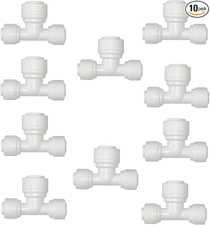 10 PCS 1/4" x 3/8" x 1/4" Push Fit T-Shaped 3-Way Tube Connector, Plastic Quick Connect Fittings for RO Water Purification System, Reverse Osmosis, Water Filters (White)