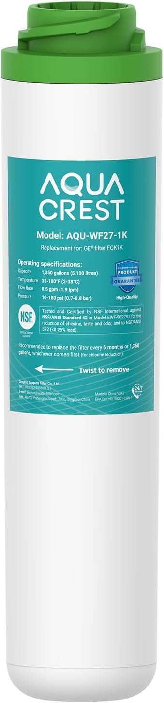 AQUA CREST FQK1K Under Sink Water Filter, 1350 Gallons, NSF/ANSI 42 372 Certified, Replacement for GE FQK1K, FQK2J, GXK185K and GX1S50R (Pack of 1)