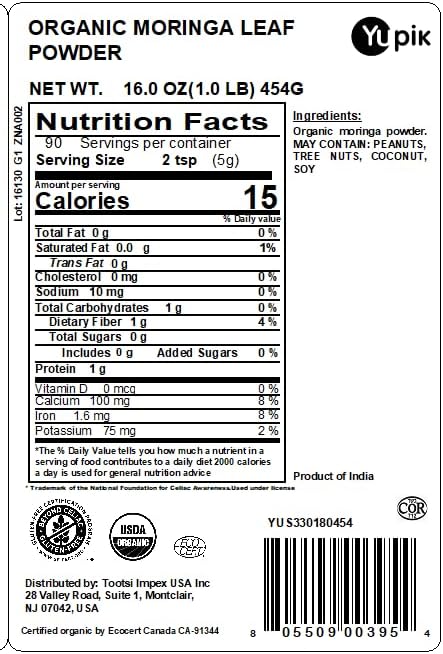 Yupik Organic Moringa Leaf Powder 1 lb (16 oz), USDA Certified, Non-GMO, Vegan, Gluten-Free, Kosher, Nutrient-Rich Superfood for Baking, Cooking & Drinks