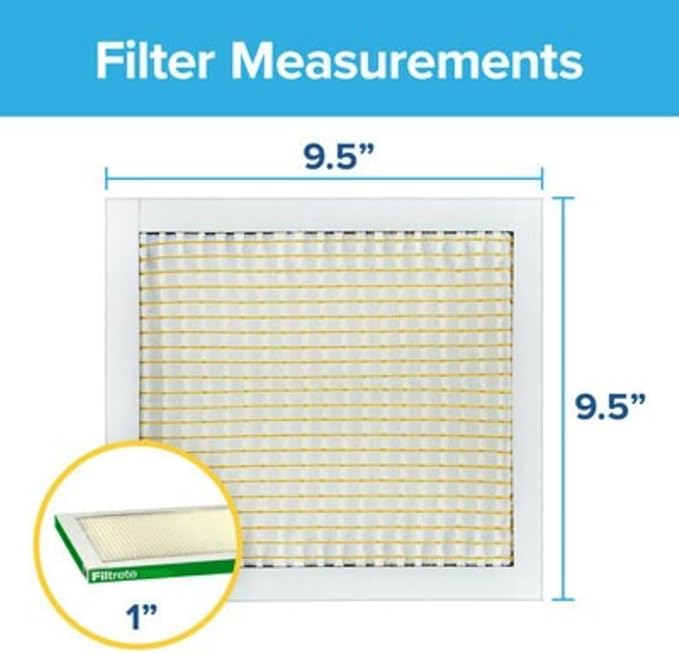 Filtrete 9.5x9.5x1 AC Furnace Air Filter, MERV 8, MPR 700, Tough on Pollen, Easy on Airflow, 3-Month Pleated 1-Inch Electrostatic Air Cleaning Filter, 4-Pack (Actual Size 9.187 x 9.187 x 0.81 in)