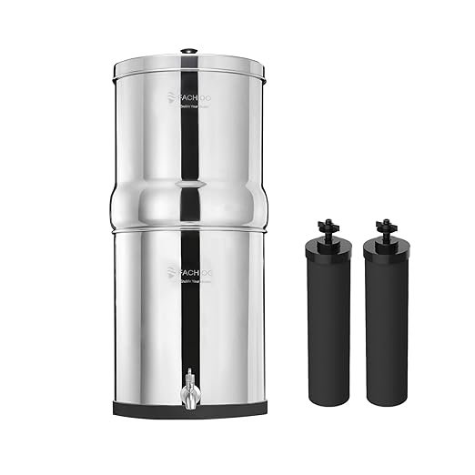 2.25G Stainless Steel Gravity-Fed Water Filter System with 2 Black Purification Filter and Metal Spigot, NSF/ANSI 42 Certification, Reduces up to 99% of Chlorine, for Home, Camping, Outdoor