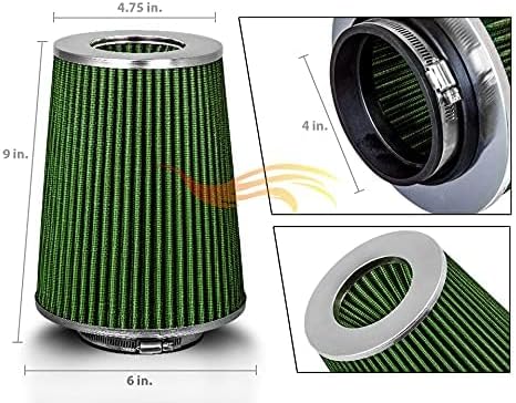 GREEN 4" 102 mm Inlet Truck Cold Air Cone Replacement Performance Washable Clamp-On Dry Air Filter (8" Tall)