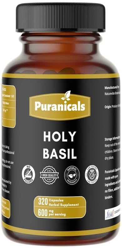 Holy Basil Premium 320 Capsules Non GMO and Gluten Free | Herbal Supplement | 600 mg Per Serving | Made with 100% Pure Herb Holy Basil Leaf