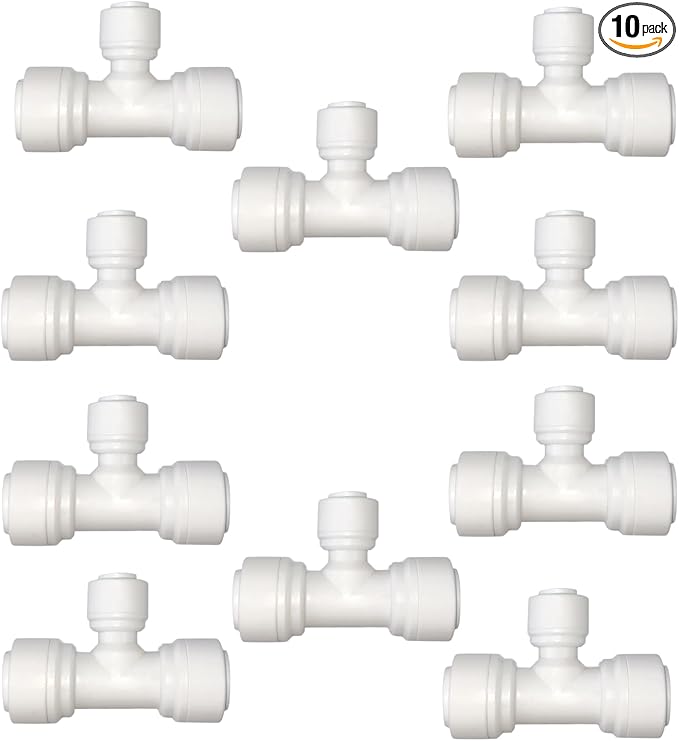 10 PCS 3/8" x 3/8" x 1/4" Push Fit T-Shaped 3-Way Tube Connector, Plastic Quick Connect Fittings for RO Water Purification System, Reverse Osmosis, Water Filters (White)