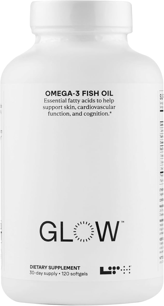 Glow Omega-3 Fish Oil - Trusted by Life Time Fitness Members - NSF Certified for Sport - Supports Brain & Heart Health - Aids Healthy Skin, Hair & Nails - Gluten Free & Soy Free - 30 Servings