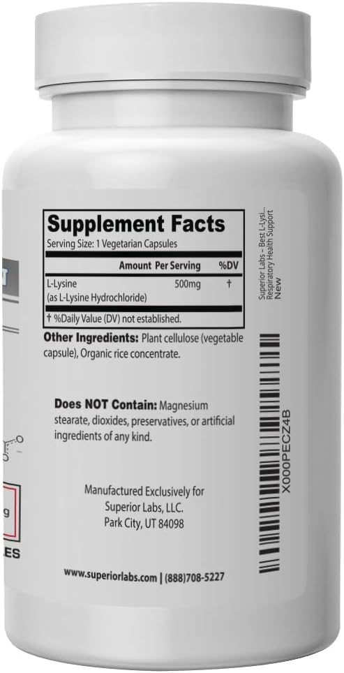 Superior Labs L-Lysine 500 mg Capsules, Pure Non-GMO, Third-Party Tested, No Fillers, Gluten Free, Supports Immune System, Promotes Calcium Absorption, 120 Caps