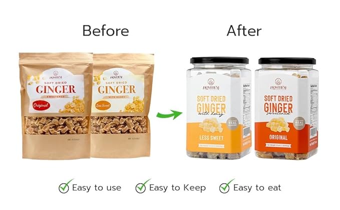 Homtiem Dried Crystallized Ginger Less Sweet & Less Sugar 3 Ib (16 Oz pack 3)Soft and Chewy Delicious Dried Gingers, No Artificial Colors ,Easy to eat, Easy to keep, Easy to use, Perfect for Cooking