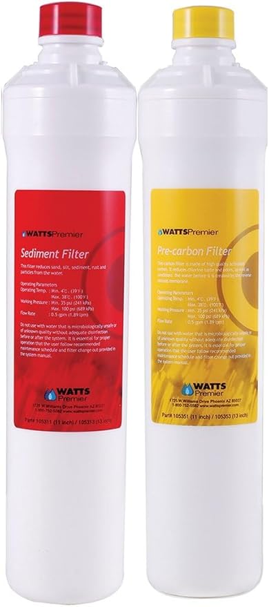 Watts Premier Bi-Annual RO Pure Plus 2-Pack Filtration Kit for 4 Stage Pure Plus/Zero Pure Plus Reverse Osmosis System, Push Button Water Filter Replacement, Sediment Filter, Carbon Pre-Filter
