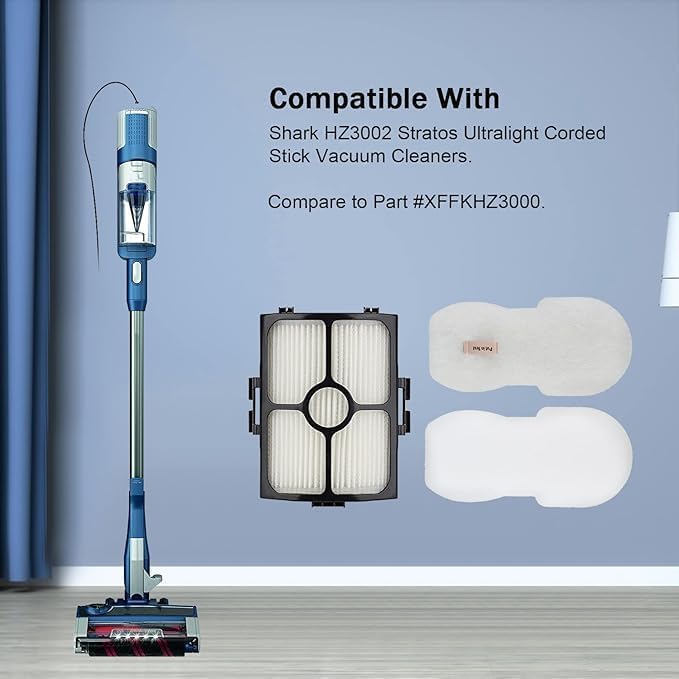 Vacuum Filter Replacement for Shark HZ3002 HZ3000 HZ4001AMZ HZ4002 Stratos Ultralight Corded Stick Vacuum Cleaner, Replace part XFFKHZ3000 XHFHZ3000, 2 HEPA Filter & 6 Foam and Felt Filters