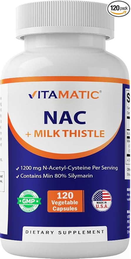 Vitamatic NAC Supplement N-Acetyl-L-Cysteine (NAC) with Milk Thistle 50:1 Extract - Supports Immune, Respiratory, Liver Health, 1200 mg per Serving, 120 Veg Capsules