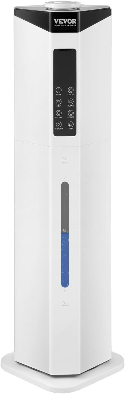 VEVOR Commercial Humidifier, 2.4 Gal/9L 2-In-1 Cool/Warm Mist, Industrial Air Vaporizer for Room Up To 430.6 Sq Ft,Top Refill Humidifier w/Auto Rotary Spray for Whole House,Greenhouse, Plant