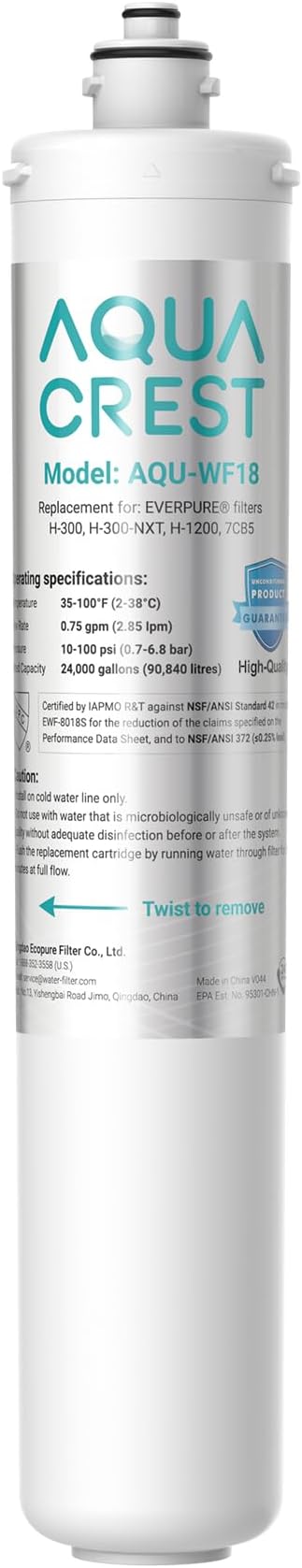 AQUACREST H-300 Under Sink Water Filter, NSF/ANSI 42 Certified, 24K Gallons, Replacement Cartridge for Everpure H-300, H-300-NXT, 7CB5, EV9270-71, EV9270-72, EV9618-11, EV9855-50, EV9282-01, Pack of 1