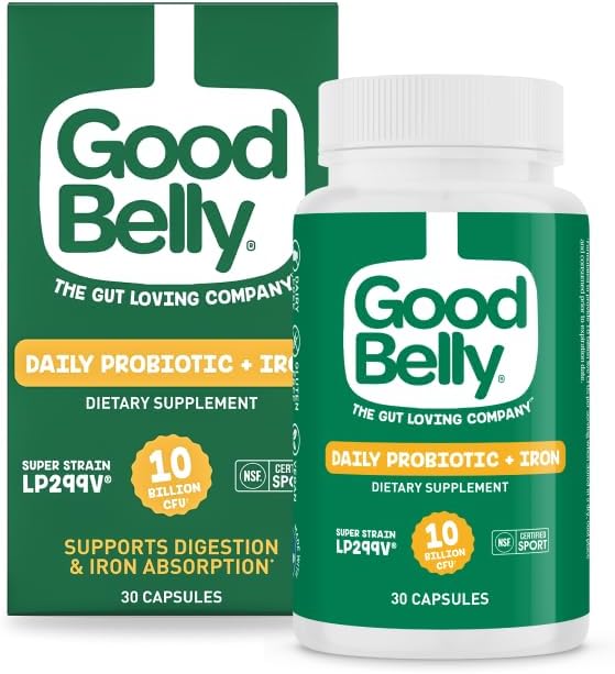 GoodBelly Probiotic Capsules for Digestive Health & Iron Absorption | Vegan Probiotic Supplement with 10 Billion Live Cultures | Probiotics for Women & Men | 30 Capsules