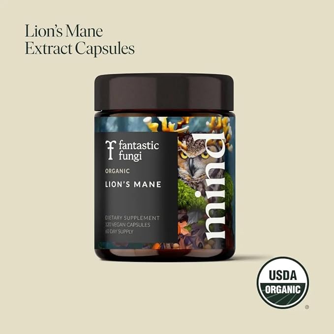 Lions Mane Supplement Capsules, Lion's Mane Mushroom Supplement for Memory, Focus & Mood support, Adaptogen Functional Mushrooms Extract - 100% USDA Organic, Vegan- Glass Jar, 120 Caps, 2 Month Supply