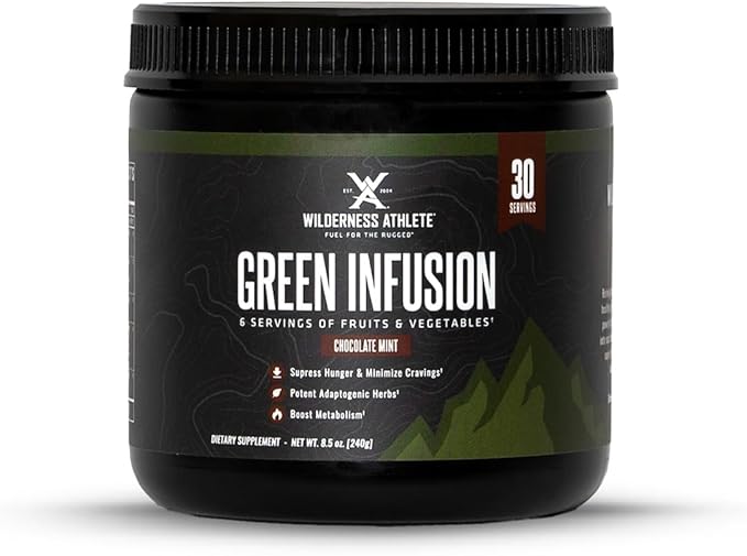 Wilderness Athlete - Green Infusion | Supergreen Superfood Power Greens Powder - Wheatgrass Powder with Astragalus Root, Green Tea Extract, & Chlorella - 30 Serving Tub (Chocolate Mint)