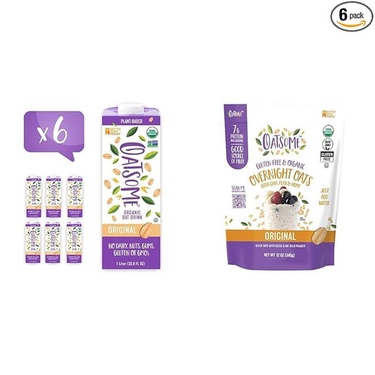 Bundle of Oatsome Organic Oat Milk, 1-Liter Cartons, 6 Count, Regular, 202.86 Fl Oz + Oatsome Organic Overnight Oats with Chia, Flax, & Hemp, Gluten-Free Oatmeal with 7g of Protein, 12oz Bag