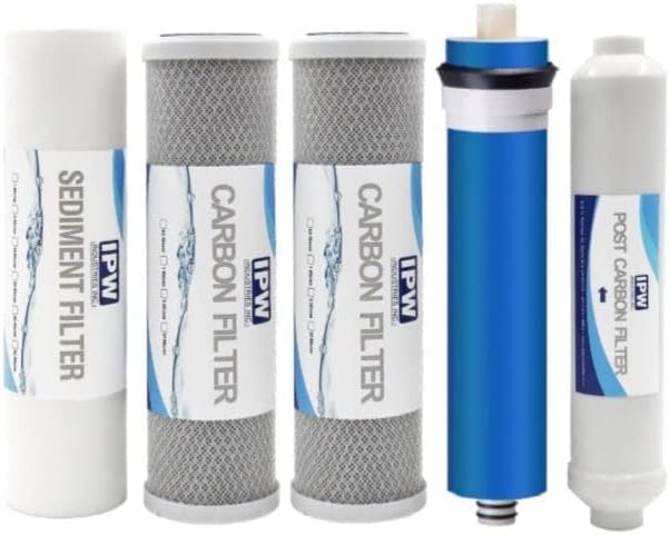 IPW Industries Inc. - Reverse Osmosis System Replacement Filters, Under Sink Water Filtration, RO Membrane, Carbon Block, 5 Stage Kit - (5 Pieces)