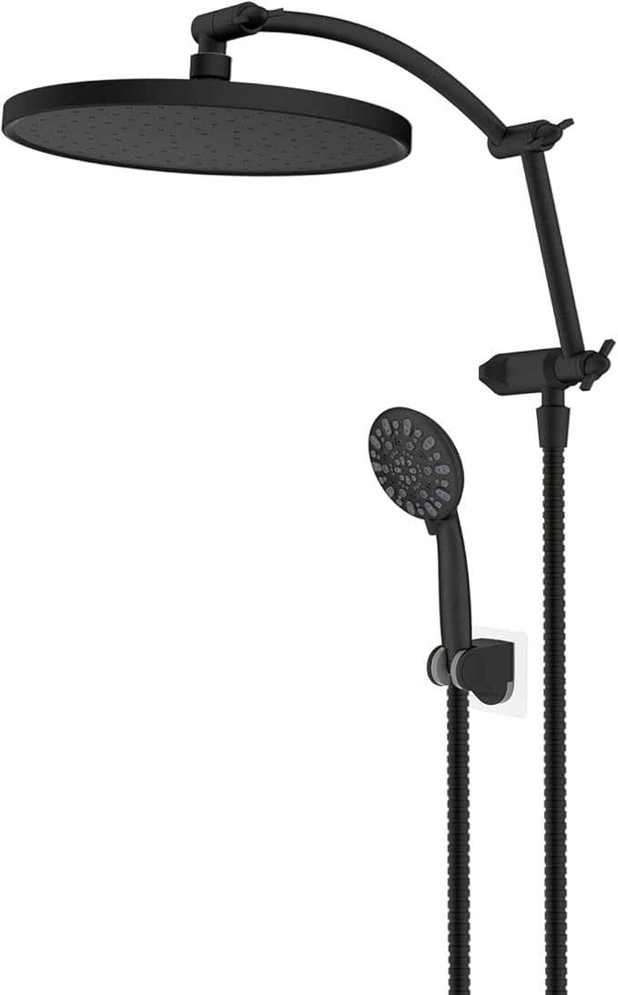 Hibbent Self-cleaning Shower Head, 10'' High Pressure Rainfall Showerhead with Handheld, 16'' Adjustable Arc-shape Extension Arm, 71'' Hose, Showerhead Holder, Matte Black