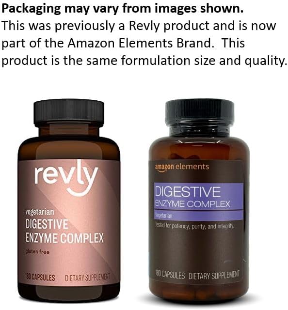 Amazon Elements Digestive Enzyme Complex Capsule, Supports Healthy Digestion, 180 count capsules, 90 Servings (Previously Revly)