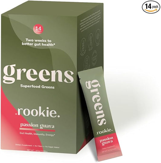 Rookie Wellness Greens + Superfoods - Greens Superfoods Powder Drink Made with Whole Food Sourced Ingredients Contains Vitamins, Probiotics, Antioxidants, and Baobab Fiber (14 Servings, Passion Guava)