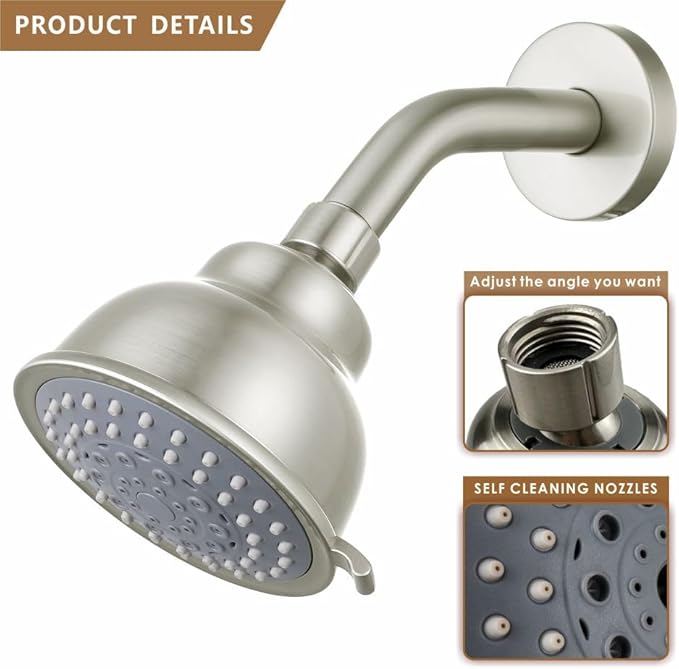 Voolan High Pressure Shower Head with Shower Arm - 5 Function Rain Shower Head - Comfortable Shower Experience Even at Low Water Flow - Brushed Nickel