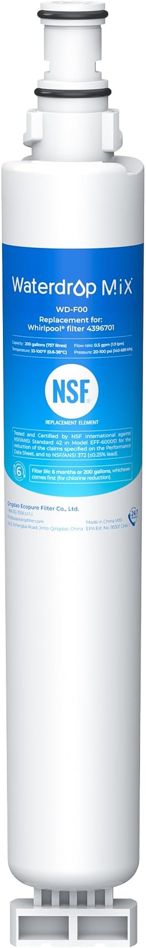 Waterdrop 4396701 Replacement for Whirlpool® EDR6D1, EveryDrop® Filter 6, 4396701, Kenmore 9915, 469915, WF293, RWF2000A, 4396702, LC200V, L200V, WFL200, RWF1021 Refrigerator Water Filter