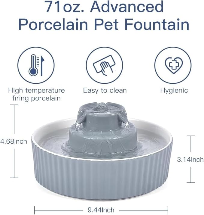 2.1L Ceramic Cat Water Fountain-for Cats and Dogs, 360 Ceramic Pet Fountain-70 Oz Large Water Capacity - Whisper-Quiet Water Flow-Great for Shy or Timid Pets - Fresh, Filtered Water (Grey)