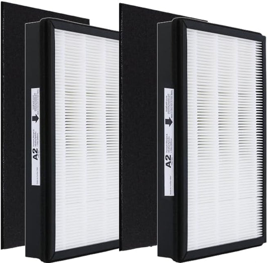 A2 Size H13 True HEPA Replacement Filter, Compatible with Filtrete Room Air Purifier Devices FAP-C02-A2, FAP-C03-A2, FAP-T03-A2, Part # 1150101, 2 HEPA + 2 Carbon pre-filters, 2 Pack