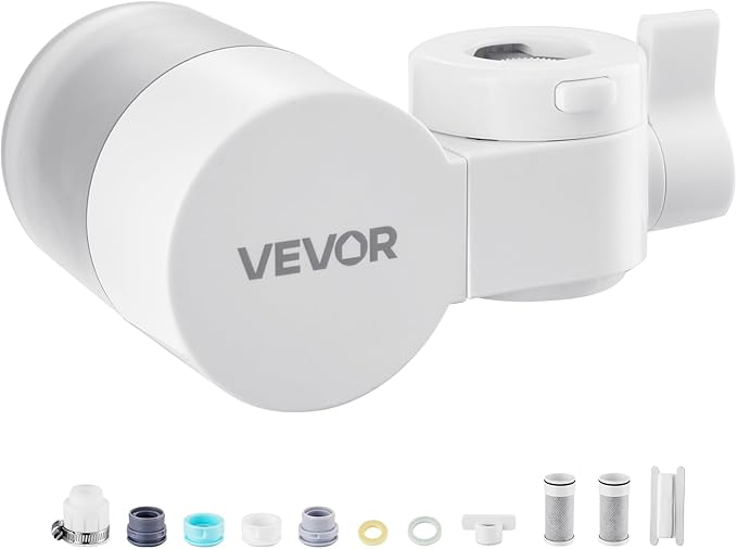 VEVOR Faucet Mount Water Filter, Horizontal Water Purifier for Sink Tap, NSF Certified Carbon Fiber Filter, Removes Chlorine Lead with 3 Filters, Fits Most Kitchen or Bathroom Faucets, White