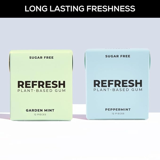 Refresh Gum, Xylitol, Natural, Sugar Free, Aspartame Free, Plastic Free, Natural Flavors & Organic Ingredients, Non GMO, Gluten Free, Vegan, Peppermint & Garden Mint