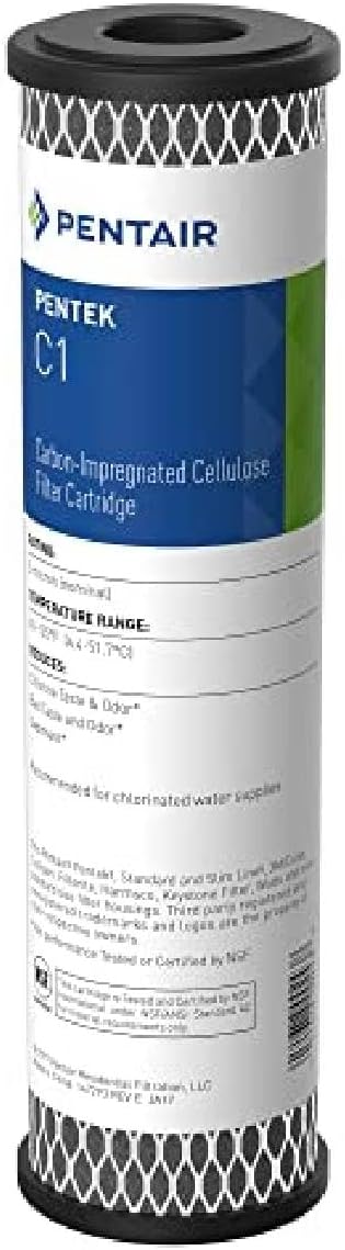 Pentair Pentek C1 Carbon Water Filter, 10-Inch, Under Sink Dual Purpose Powdered Activated Carbon-Impregnated Cellulose Replacement Cartridge, 10" x 2.5", 5 Micron, Black