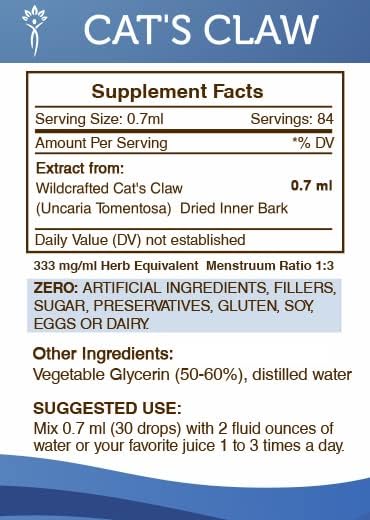 Secrets of the Tribe Cat's Claw Tincture Alcohol-Free Liquid Extract, Wildcrafted Cat's Claw (Uncaria Tomentosa) Dried Inner Bark (2 FL OZ)