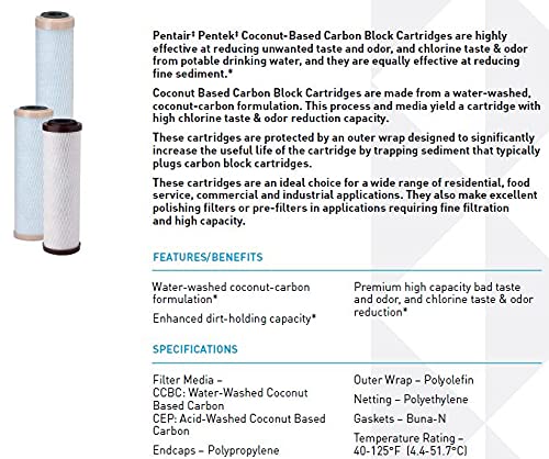 Pentair Pentek CCBC-10 Carbon Water Filter, 10-Inch, Under Sink Coconut-Based Carbon Block Replacement Cartridge, 10" x 2.5", 1 Micron
