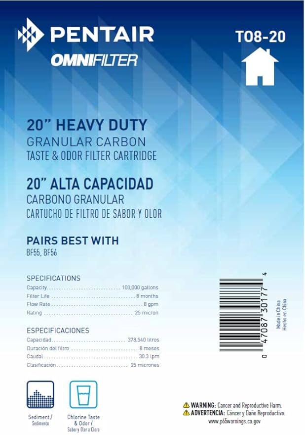 Pentair OMNIFilter TO8-20 Carbon Water Filter, 20" Heavy Duty Big Blue Whole House Granular Carbon Taste & Odor Replacement Filter Cartridge, 20" x 4.5", 25 Micron