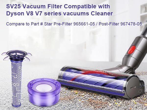 Upgraded V7 V8 Cordless Vacuum Cleaner Filter for Dyson V7 V8 Animal and V8 Absolute Cordless Vacuum, 4 Pre-Filters, 4 Post-Filters, 1 Brush, Compare to Part 965661-01 & 967478-01